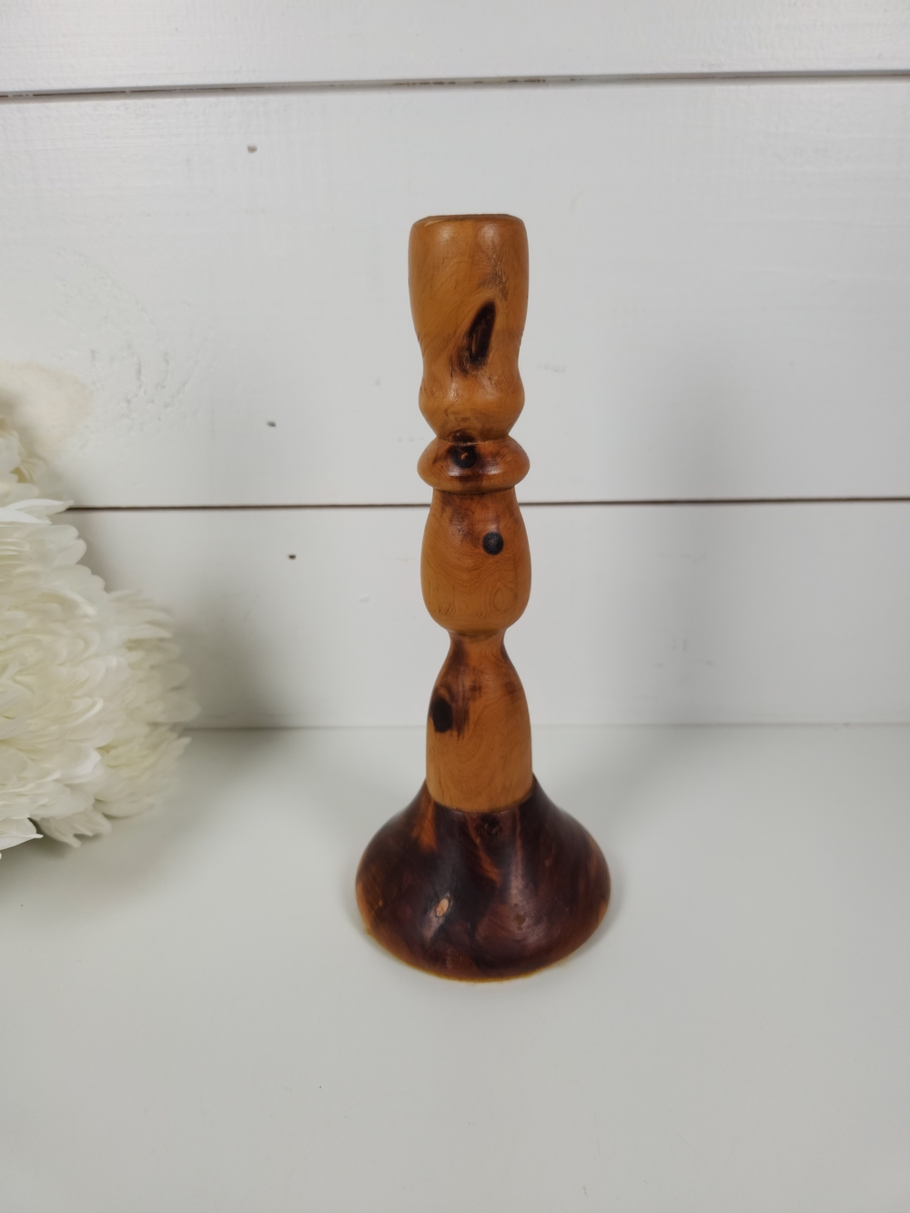 Vintage Hand Turned Two Toned Wood Candle Holder - Mid Century Boho Style